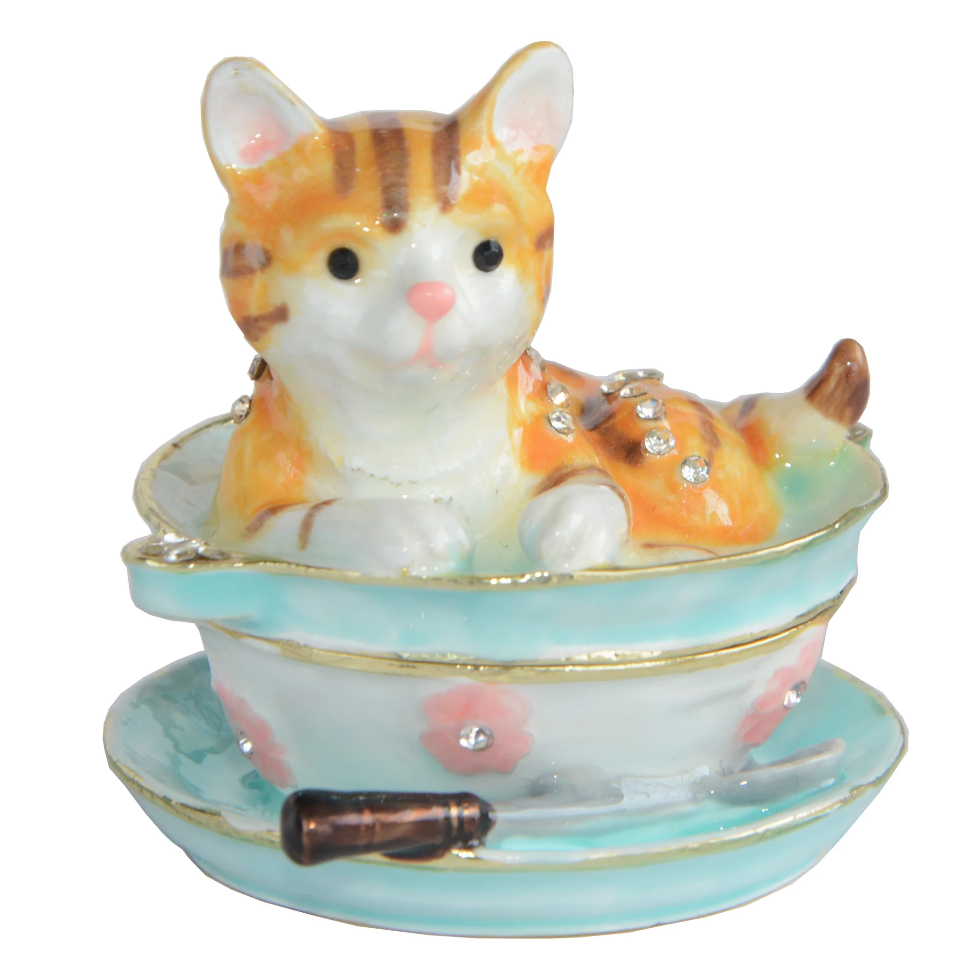 Enamel Hand Painted Bowl Cat Trinket Box Vintage Jewelry Box Hinged Metal Jewelry Organizer Decorative Treasure Box Unique Gifts