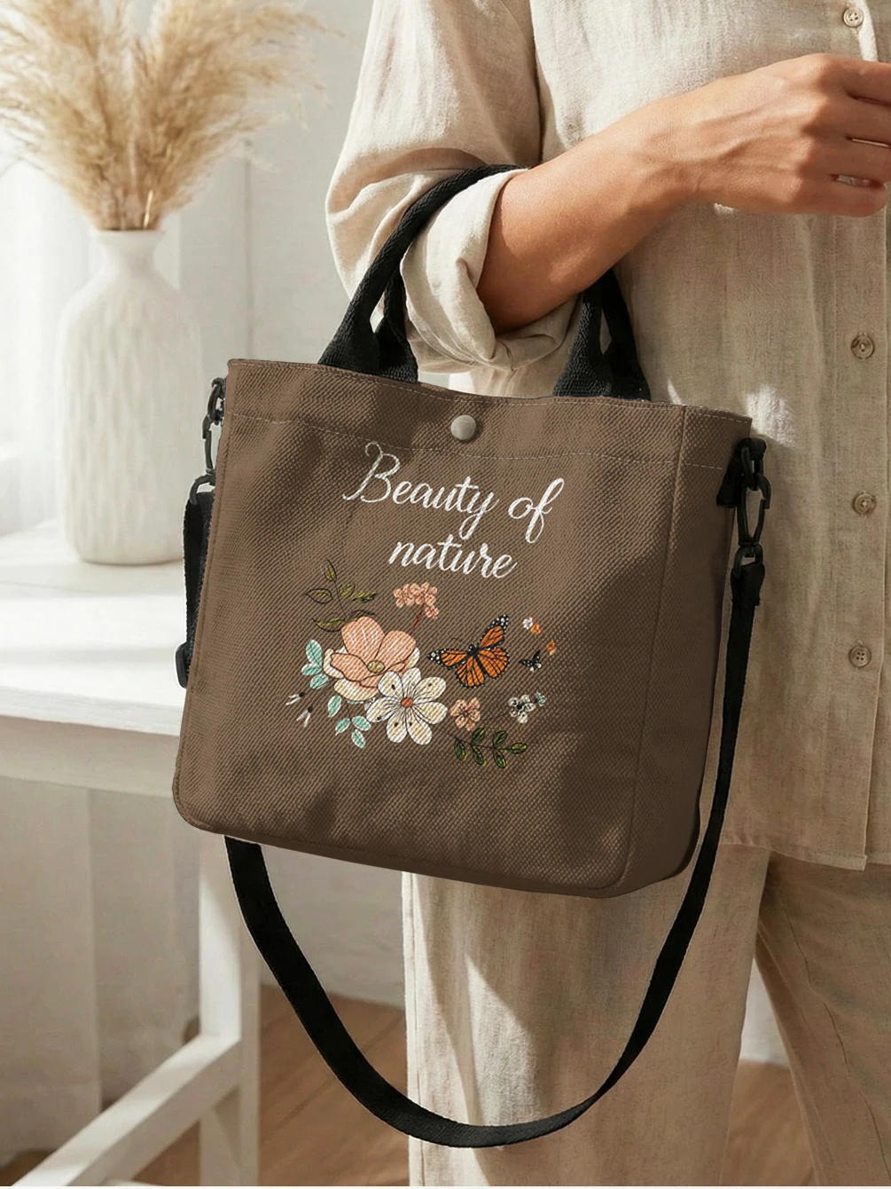 Floral Butterfly Letter Print Brown Canvas Tote Bag Detachable Strap Crossbody Handbag For Women Daily Shopping view 3