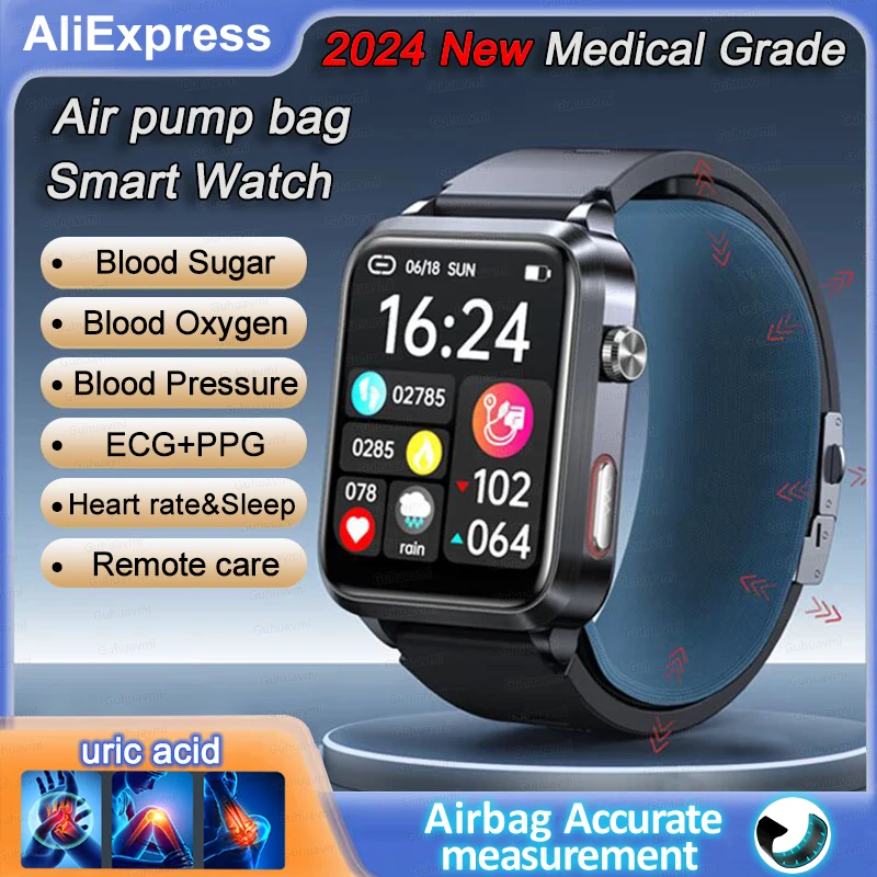 New Air pump+air bag Smart Watch Blood Pressure measure ECG+PPG Blood Sugar Blood Fat uric acid Health medical grade Smartwatch