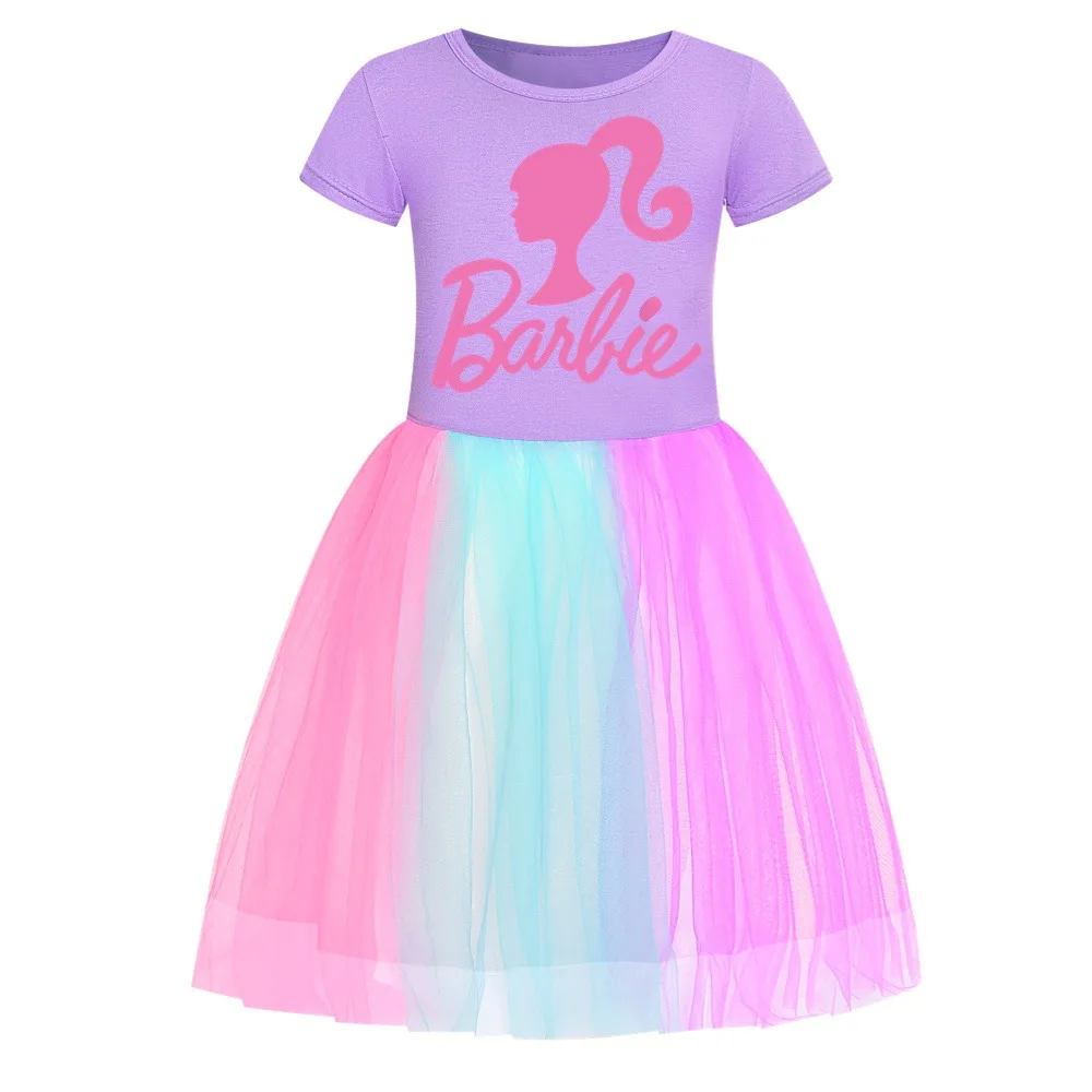 Kawaii Barbie Children Princess Dress Summer Anime Cartoon Kids Girls Lace Mesh Tutu Skirt Baby Birthday Party Dresses Gifts Toy