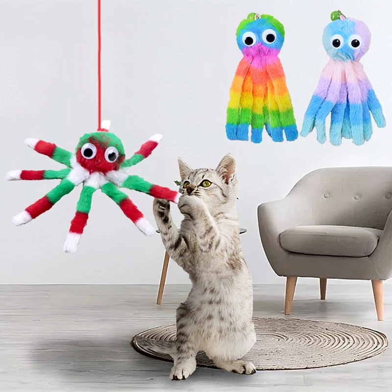 Nuevo juguete para gatos con sonido colgante, pulpo, gatito, juguete de peluche, elasticidad para hacer palos para gatos felices y alivian el aburrimiento