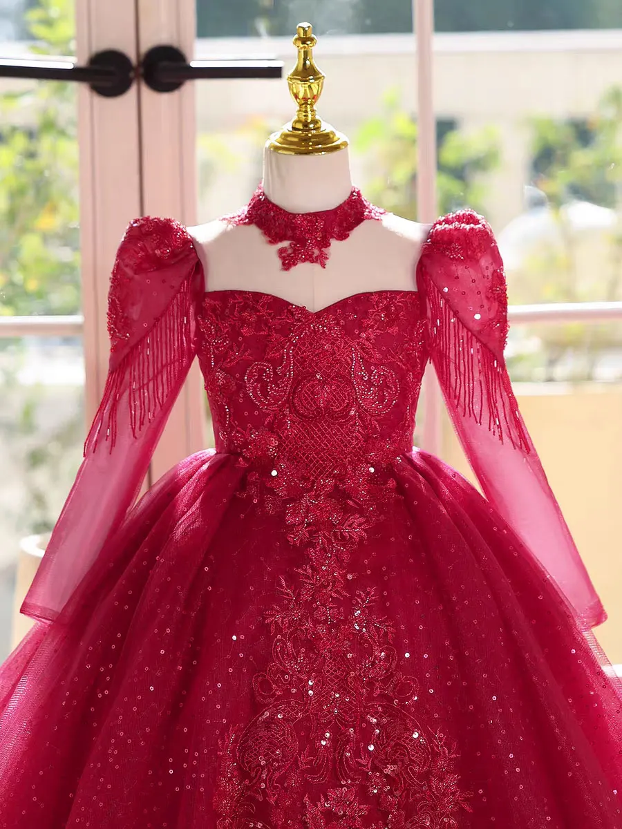 Sukienka Dreamy Vow D182 Luxury Gilr, czerwona, z wysokim dekoltem, długim rękawem, koronkowymi aplikacjami, księżniczka, dla dzieci, na wesele, urodziny, konkurs piękności.