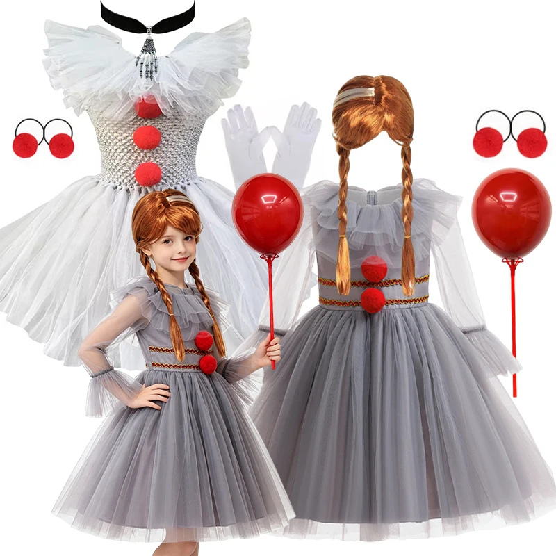 Little Girls Grey Clown Cosplay Dress Long Sheer Mesh Sleeve Red Pom Pom For Kids Halloween Carnival Birthday Party Costume