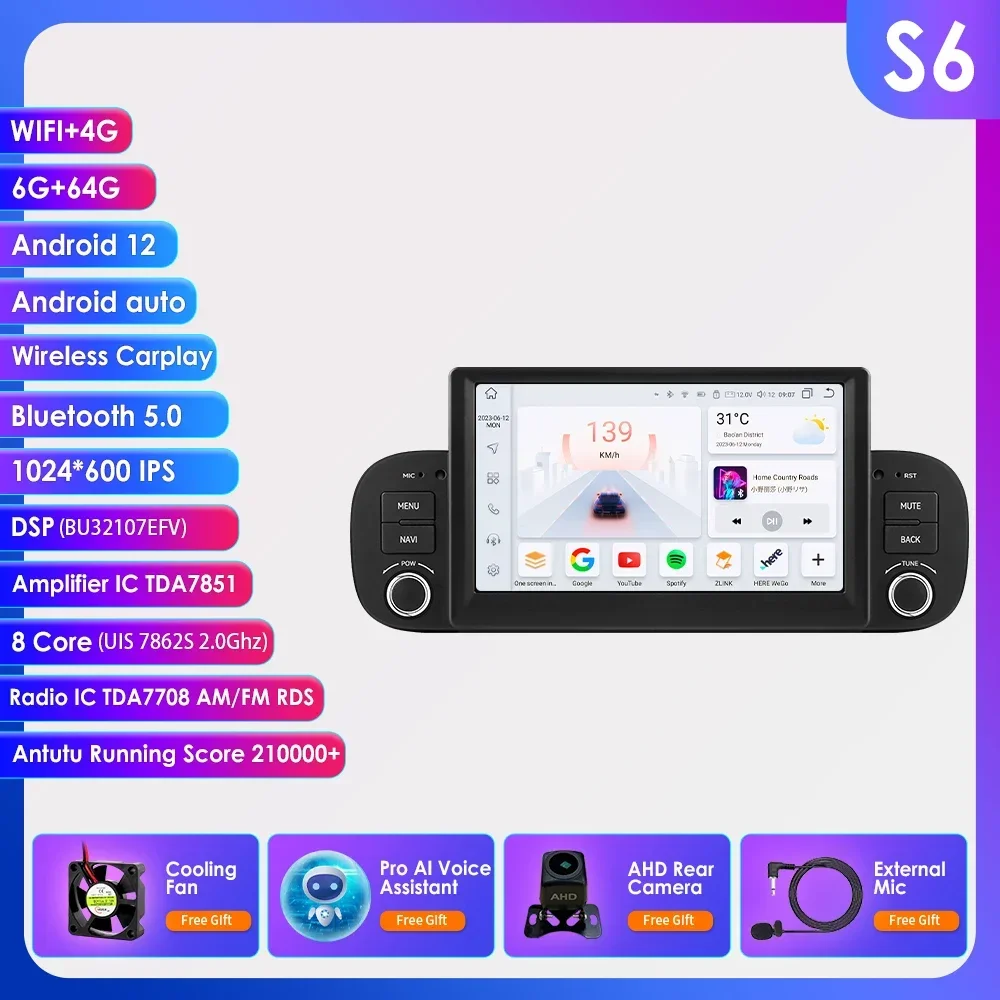 1DIN Android Autoradio Speler voor FIAT Panda 2013-2020 Android Auto Draadloze CarPlay Auto Multimedia 1 Din Intelligent Scherm GPS