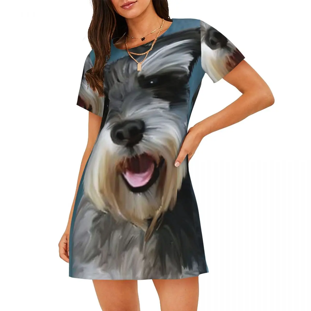 Miniature Schnauzer Dog Water Color Art Short Sleeves Nightdress For Sleeping Women Short Sleeve Nightgowns Pajama Dress