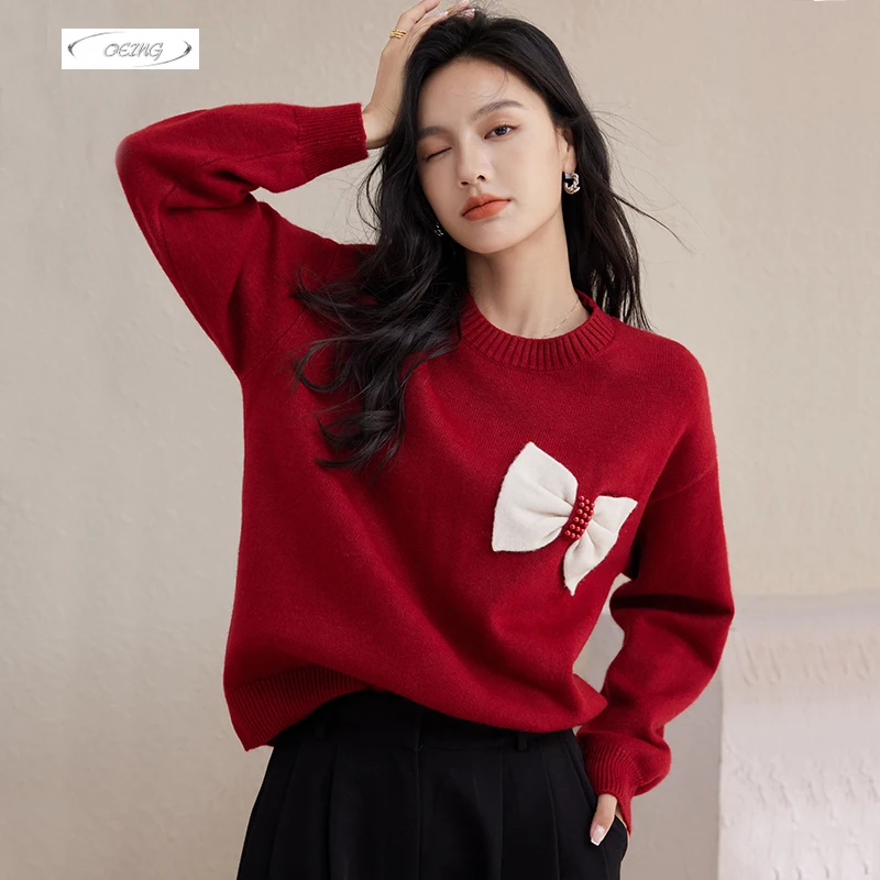 

Women Fashion Bow Long Sleeve O-neck Basic Red Knitted Pullover Sweater Autumn Winter Thick Elegant Loose Korean Knitwear 3005
