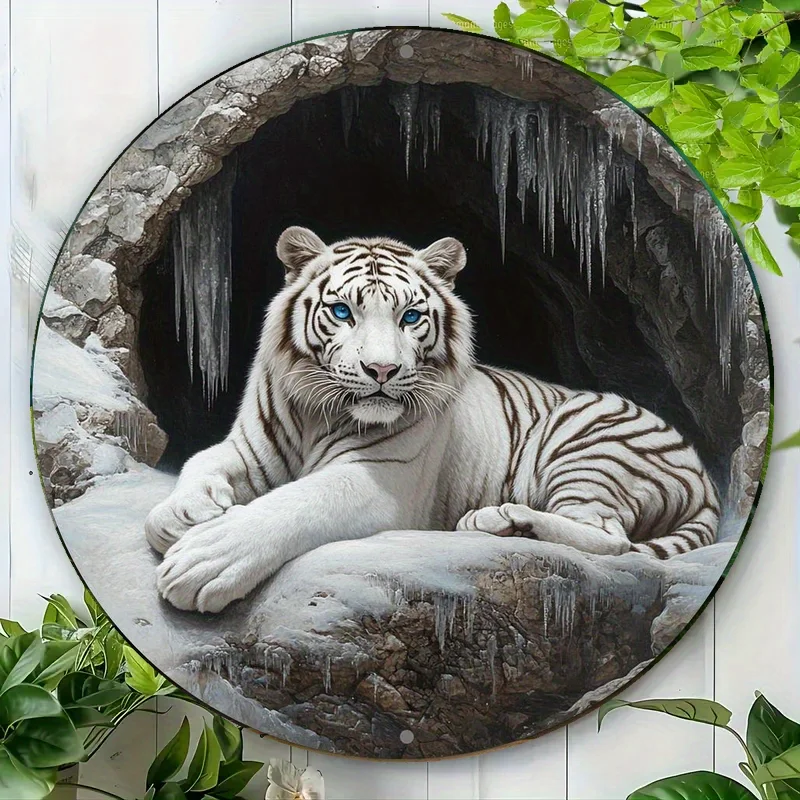 Vintage-Wandkunst aus weißem Tiger-Aluminium – 20,3 cm runder 2D-Druck, rustikale Heim- und Bardekoration, Mehrzweck-Partydekoration, einfach ohne Stromversorgung