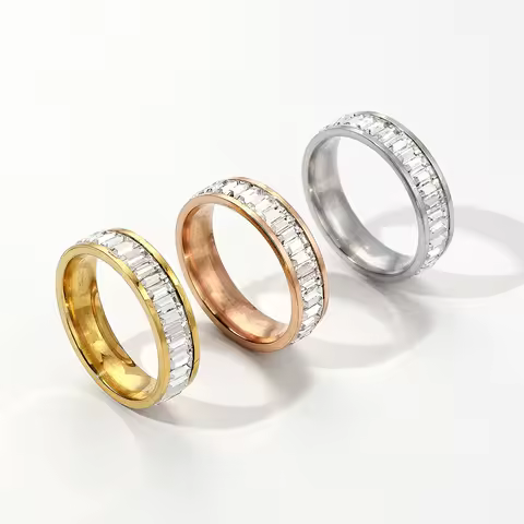 Iced Out Cubic Zirconia Ring 6mm Womens Gold/Silver Color Stainless Steel Wedding Band Rings for Women Fashion Jewelry Gift