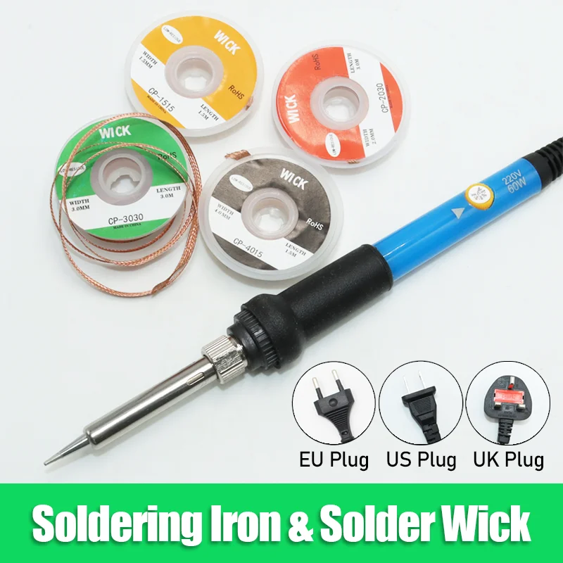 

EU/US/UK Solder Iron Electric 60W and Copper Wire Desoldering Mesh Braid Kit of Soldering Welding Cable Wick PCB BGA Repair Tool