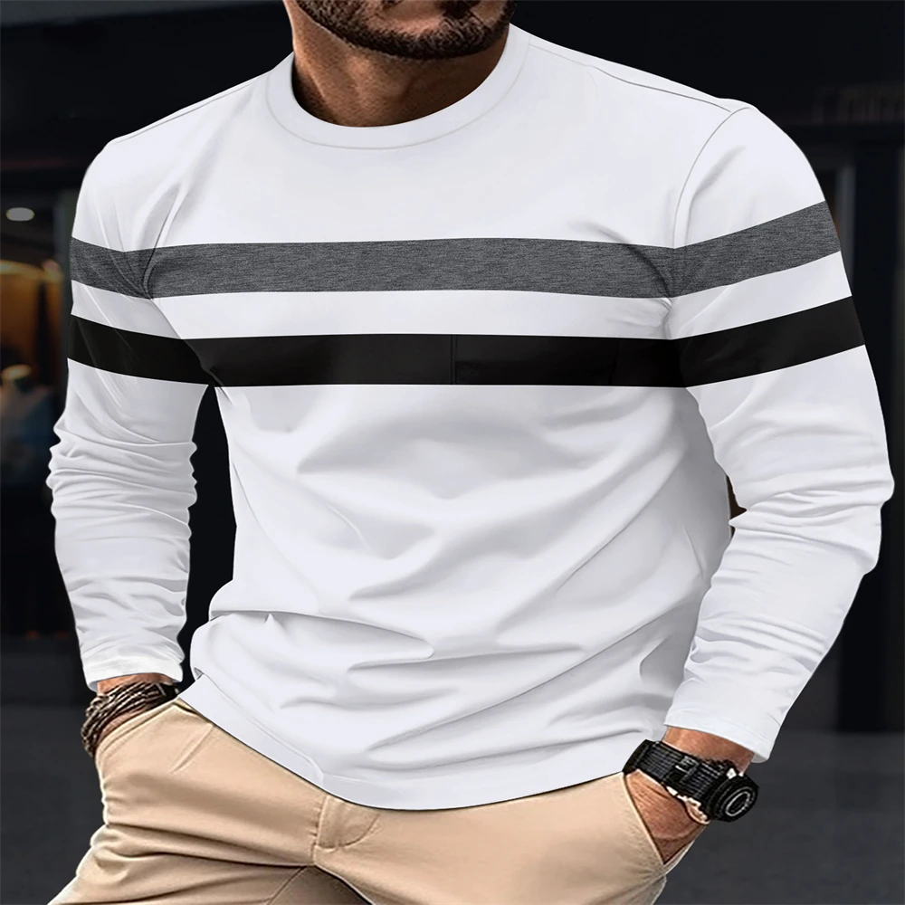 Minimalism New Spring And Autumn Men's Long Sleeve T-Shirt Round Neck Bottom Top Color Blocked Versatile Comfortable Slim Tops