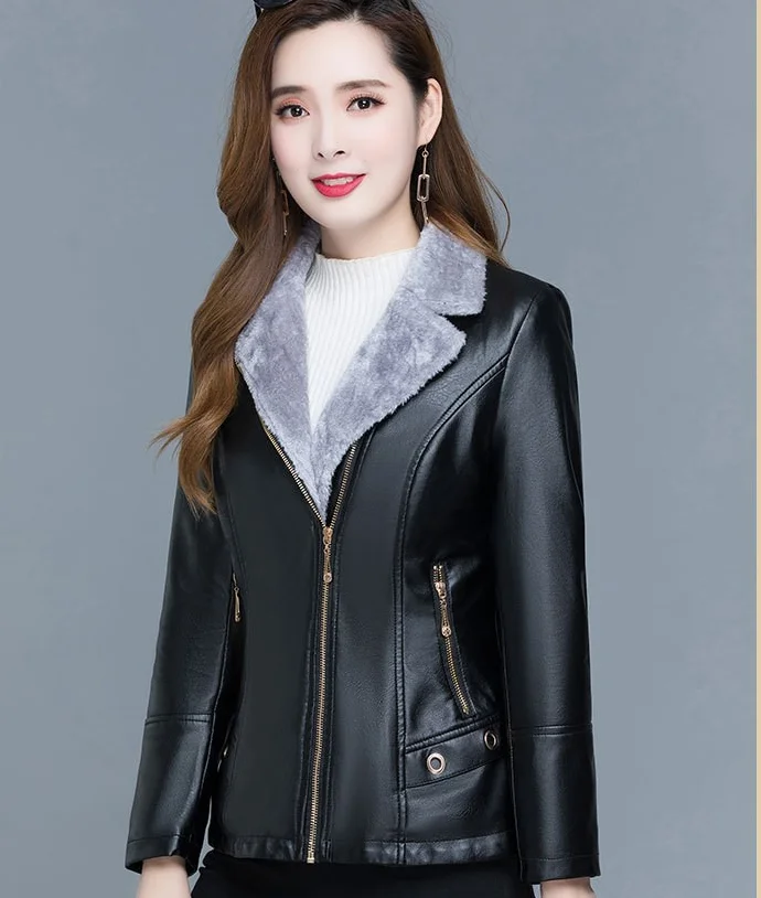 

Spring and Autumn Winter Solid Color Pu Leather Casual Plush Thick Jacket Coat for Middle Aged and Elderly Moms