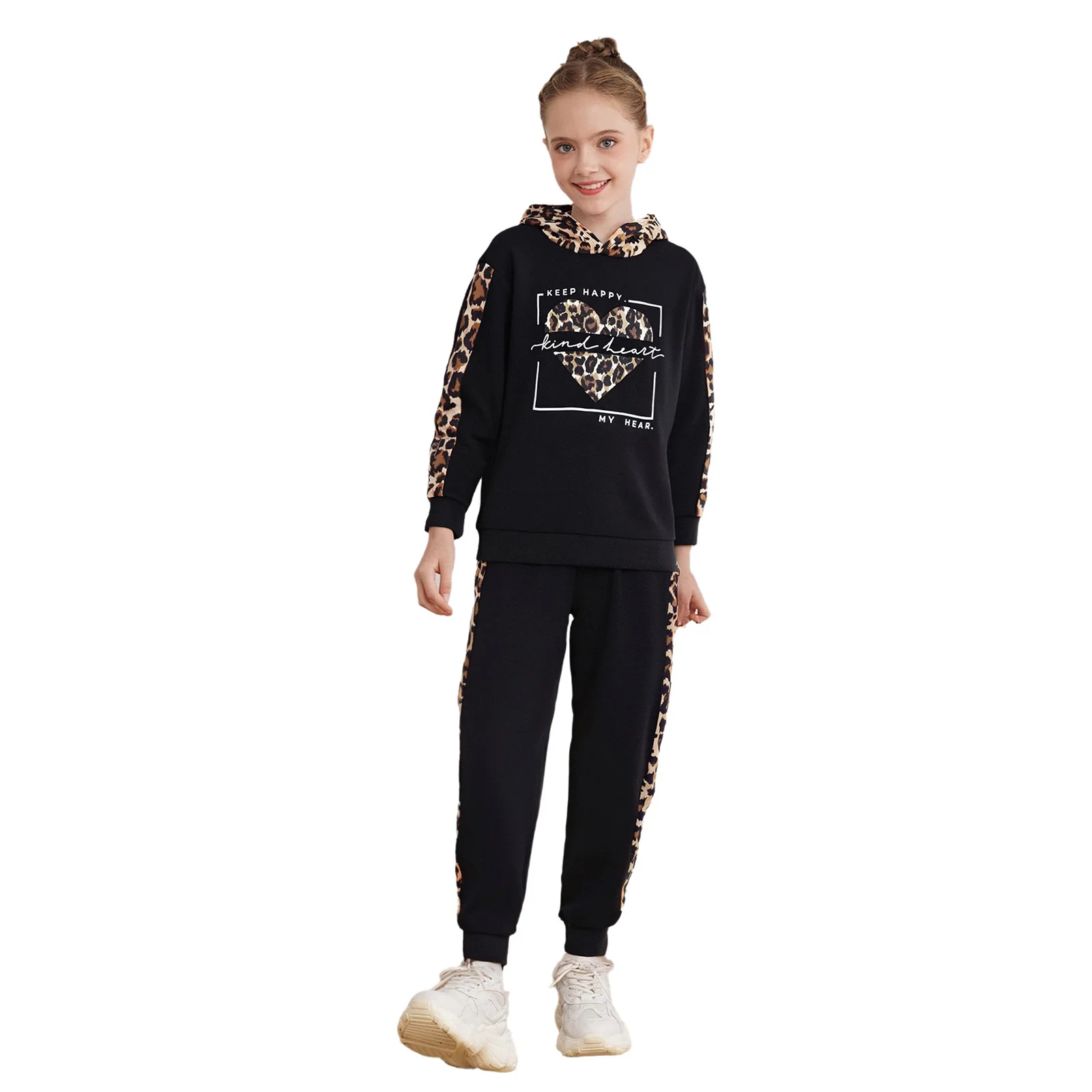 

Kids Girls Sportswear 2-Piece Casual Set Leopard Print Tracksuit Spring Autumn Long Sleeve Hoodie Pullover Tops with Sweatpants