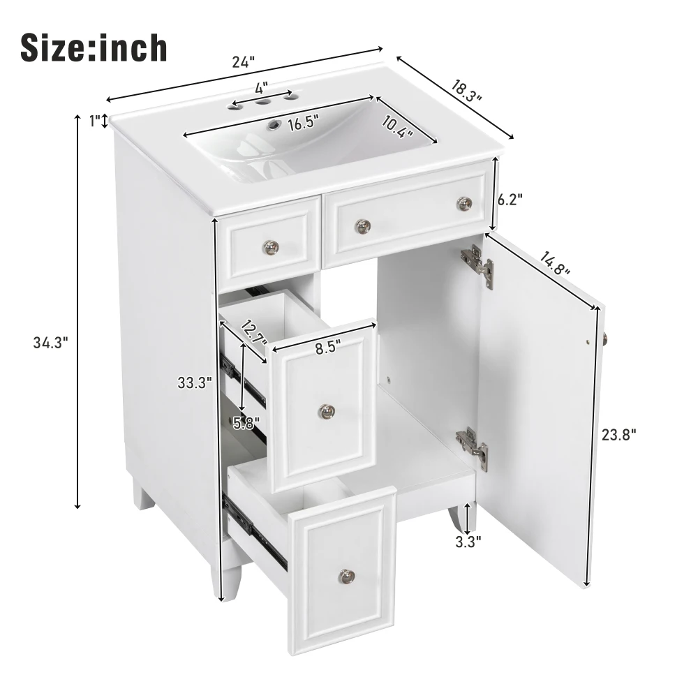 24-Inch Bathroom Vanity Cabinet with Ceramic Sink, 2 Drawers, 1 Door