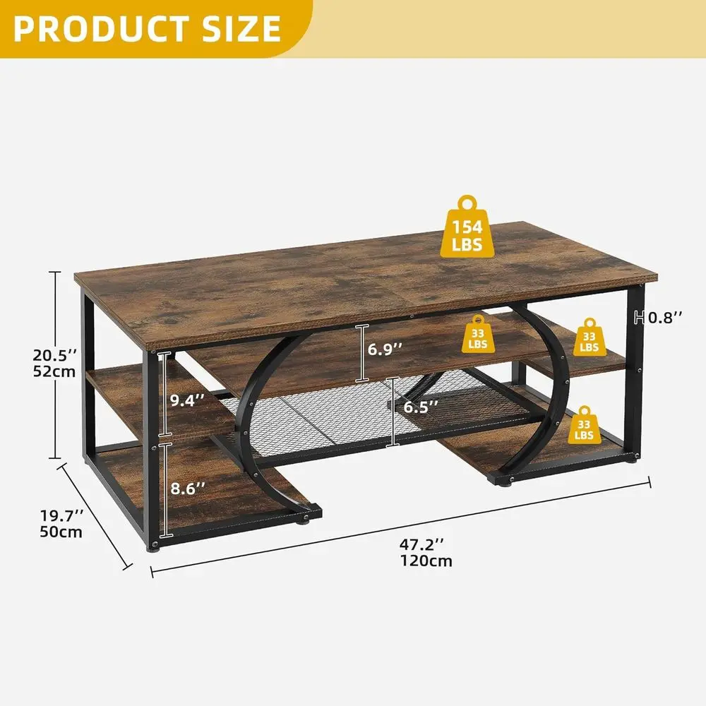 Industrial Style 5-Tier Rectangular Coffee Table with Storage Shelf, Brown Wooden Centerpiece for Living & Reception Rooms