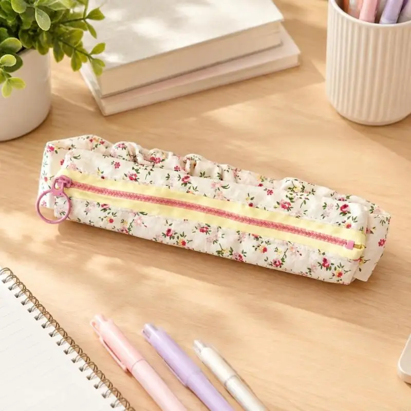 Pencil Case with Soft-Sided Form, Flower Printed Exterior, and Ruffled Trim for Writing Tools and Small Accessories in School