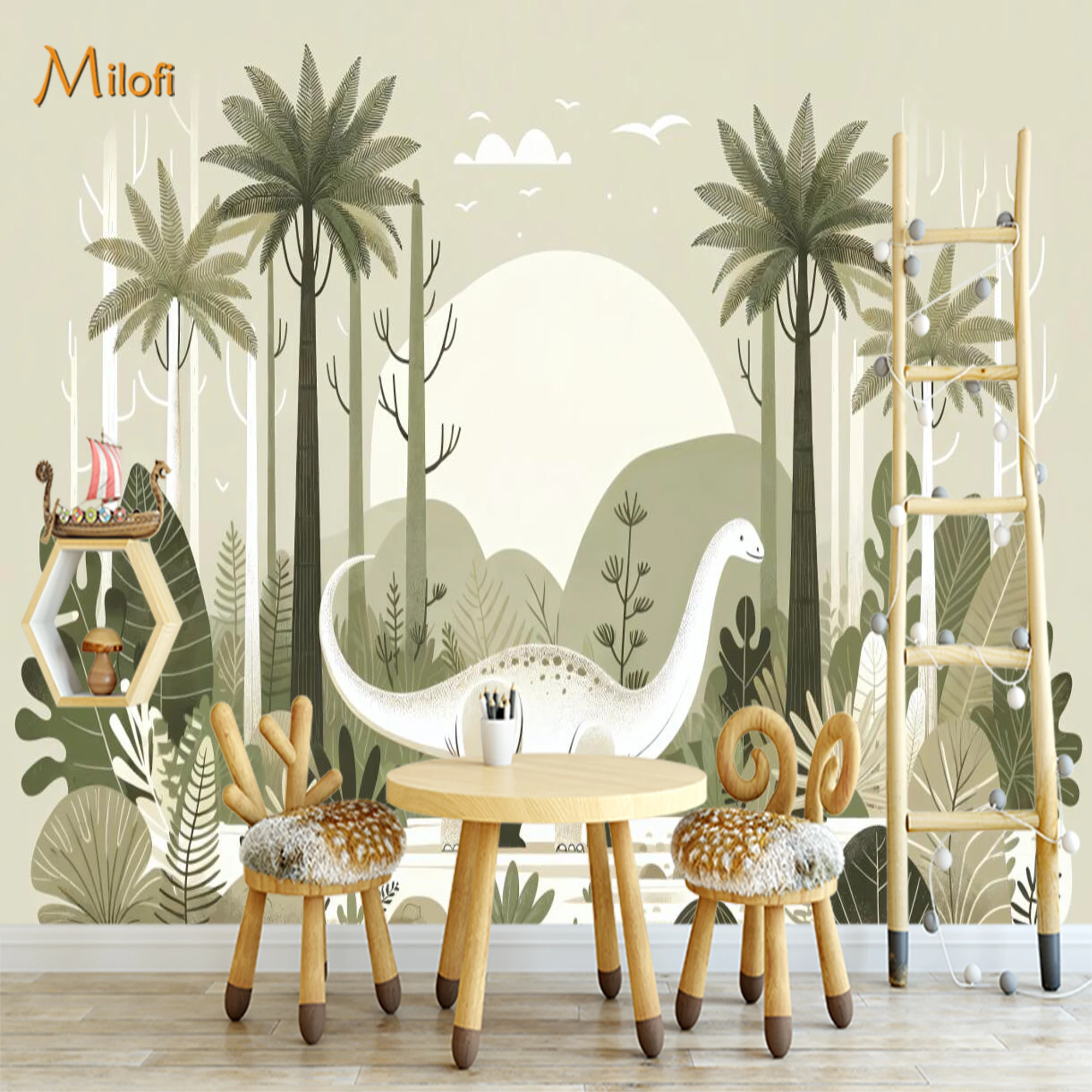 Custom Cartoon Dinosaur Wall Mural Boho Jungle Palm Tree Prehistoric Animal Wallpaper for Kids Boys Room Nursery Decoration