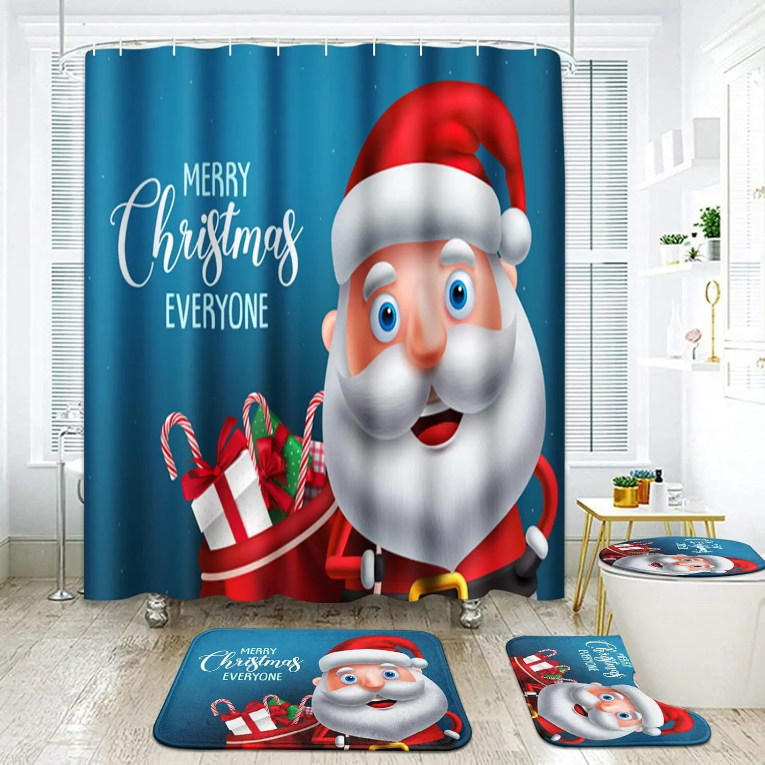 

4 Pcs Shower Curtain Set Santa Claus Merry Christmas Blue with Non-Slip Rugs Toilet Lid Cover and Bath Mat Bathroom Decor