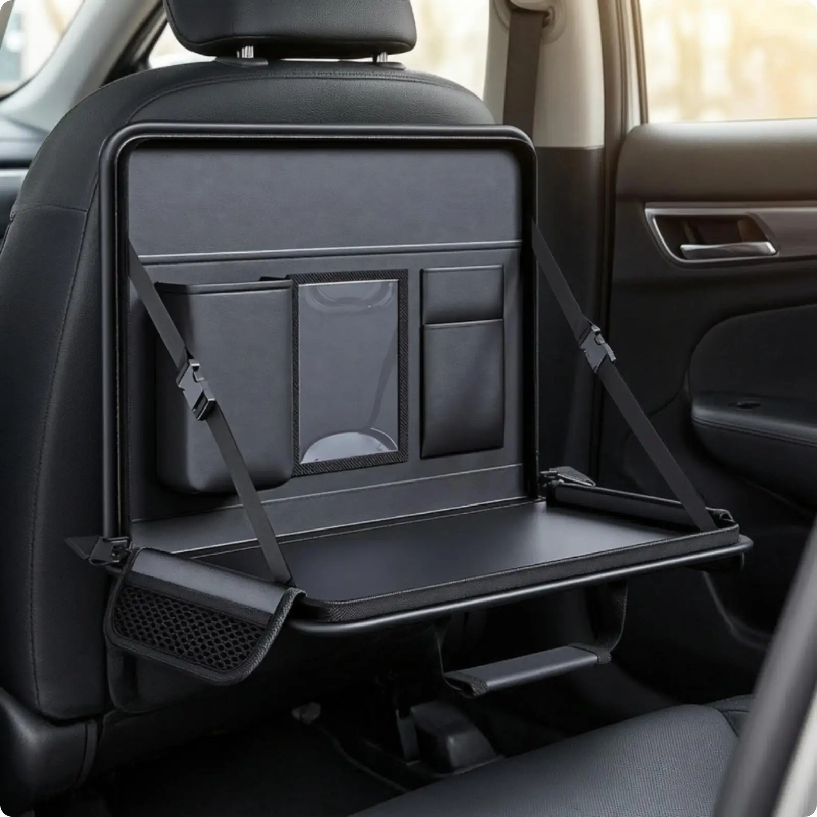 Folding Car Desk Board for Steering Wheel Leather Sponge Tray with Storage Pockets Phone Slot for Laptop Meal Break