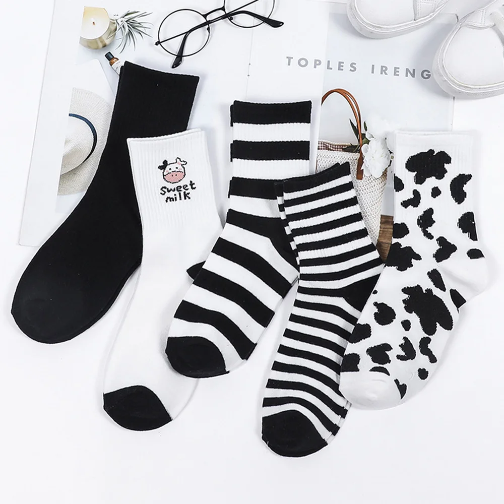 Funny Socks Striped Cow Print White Black Cartoon Sport Cozy Cute Girls Cotton Socks