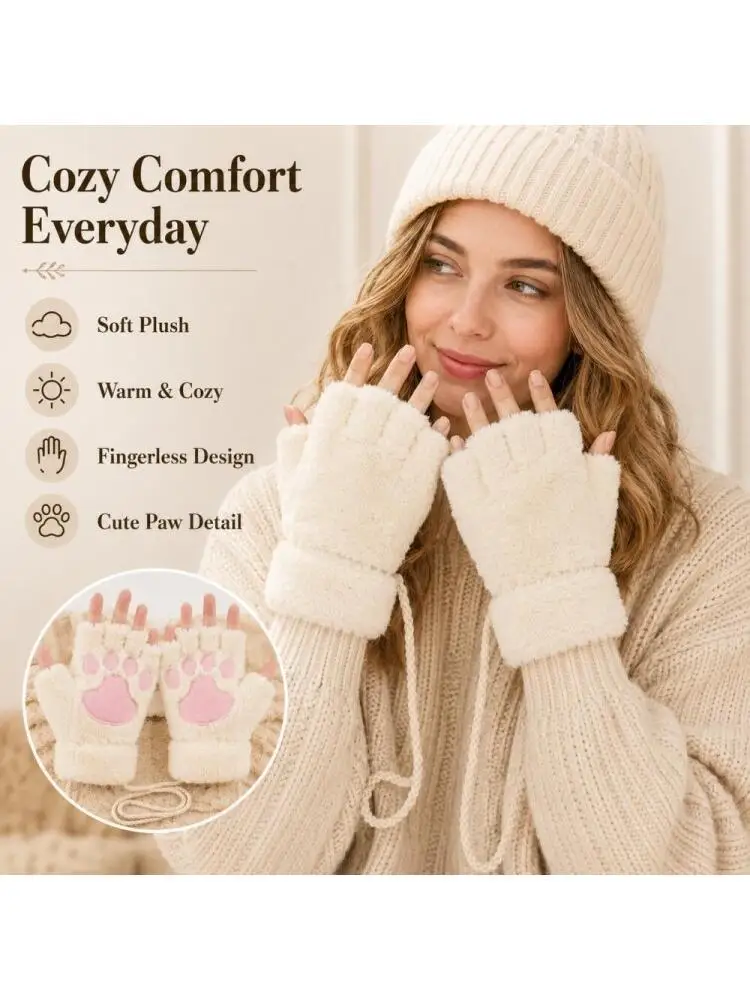 AliExpress NONE 4-Color Cute Cat Paw Plush Fingerless/Half-Finger Winter Warm Gloves with Anti-Loss Lanyard for Women & Girls