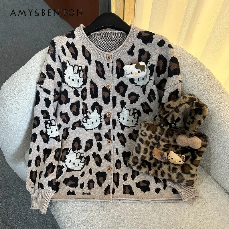

Осенний кардиган с леопардовым принтом, вязаный свитер, женский свободный повседневный стиль, уменьшающий возраст топ, однобортный трикотаж с круглым вырезом