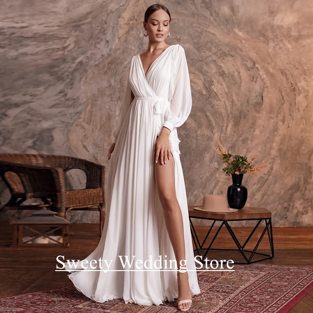 

Simple Wedding Dress Customized V Neck Puff Sleeves Plain Chiffon A Line Beach Wedding Gown Side Slit Bridal Dresses