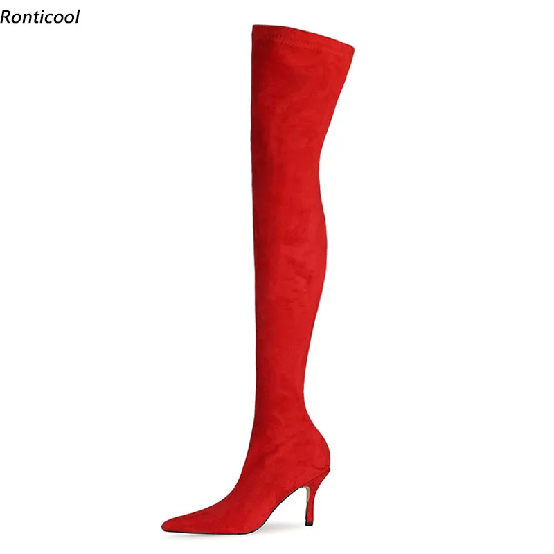 Ronticool 2021 New Autumn Women Flexible Thigh Boots 8.5 Cm Thin Heel Pointed Toe Beautiful Red Yellow Party Shoes Size 35-45