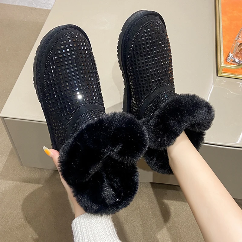 Women\'s Rubber Boots Plush Boots-Women Crystal Bling Bling Flat Heel Australia Round Toe Female Shoes Rain Fur Low 2023 Leather