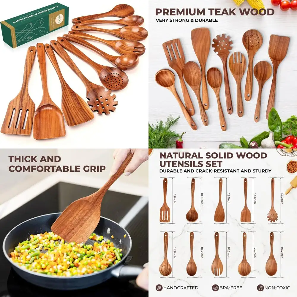

wooden kitchen utensils set, no scratch wood spatula and spoon set, teak wood cooking utensils set for kitchen essential tools