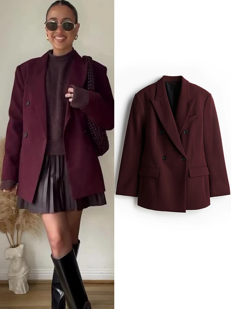 Fashion Solid Wine Red Blazer Jacket For Women Elegant Double Breasted Suit Coats Female Lapel Long Sleeve Office Lady Outerwear