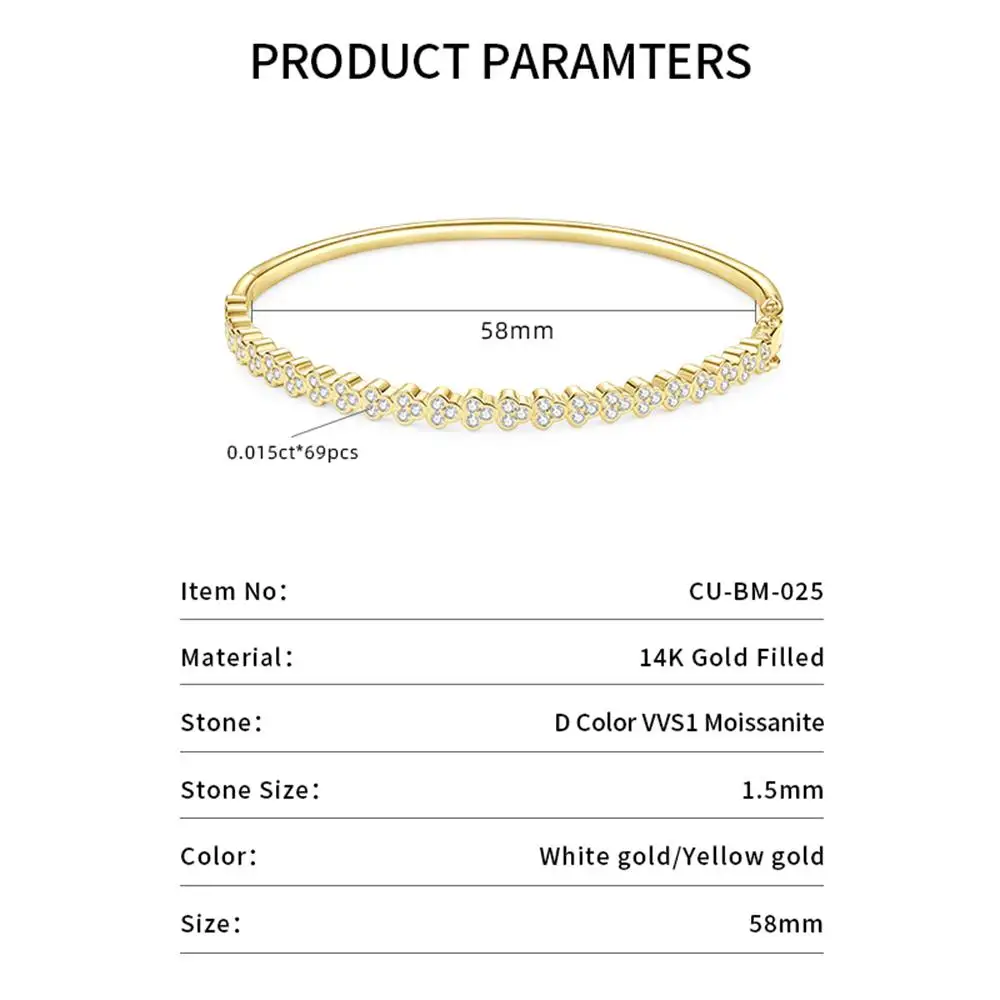 Lnngy Classical Half Eternity Moissanite Bangle For Women Exquisite 14K Gold Filled Flower Shape Bangles Wedding Jewelry Gifts