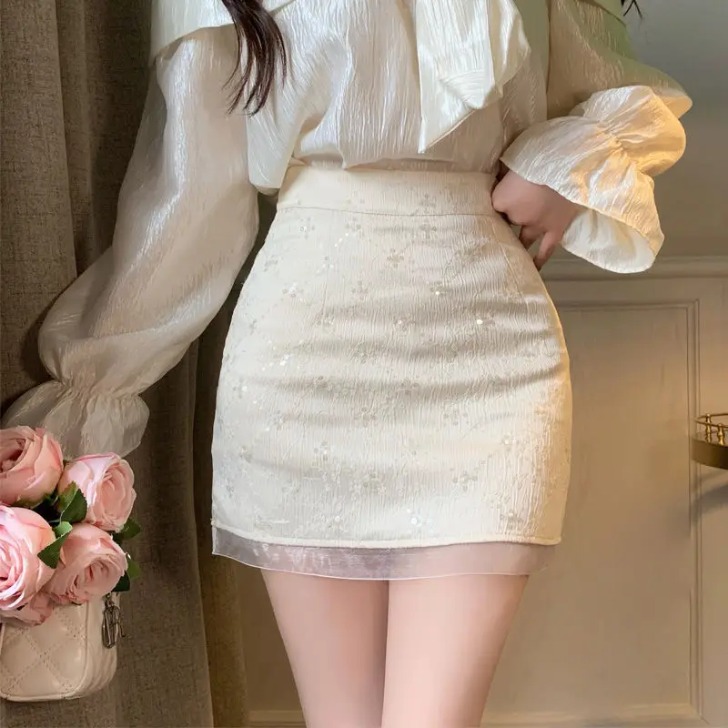 Korejpaa Woman Skirt 2024 Summer Elegant Sparkling Embroidered Mini Skirts Female Retro High Waist A-line Bodycon Clothes