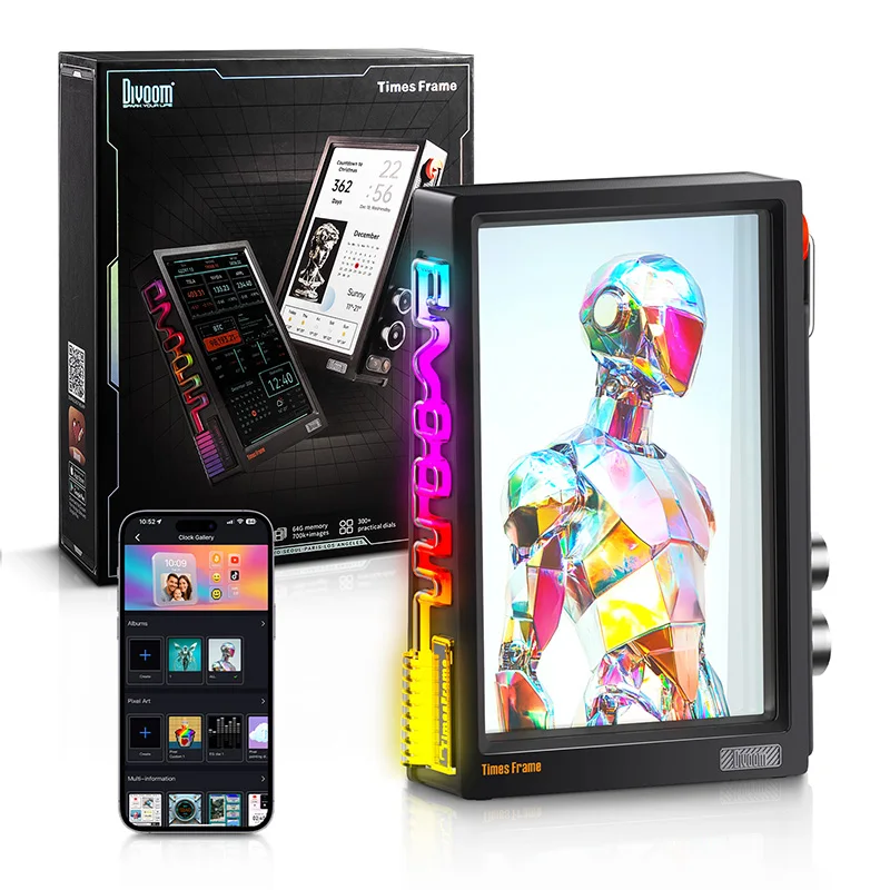 Tela HD inteligente com moldura Divoom Times |   Relógio digital DIY de 10,1" |   Calendário meteorológico de estoques de criptografia |   Configuração de mesa para presente técnico