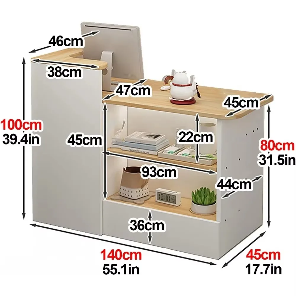 Reception Counter Desk, Modern Retail Counter, Front Desk Reception Room Table, Retail Counter with Display Shelf & Drawers