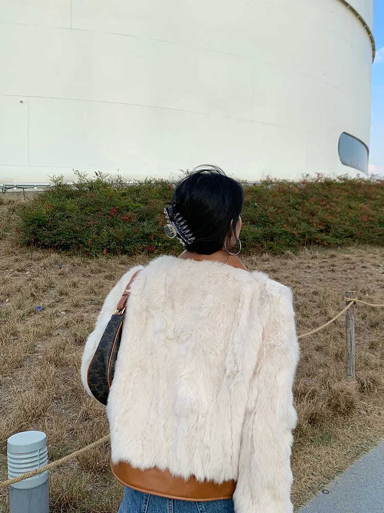 Abnehmen Faux Pelz Jaet frauen Patchwork Leder Weiß Echt Kaninchen Pelz Pelzmantel Pendeln Sle Koreanische Version ort Länge