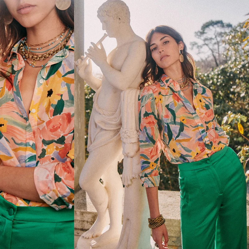 

Fashionable Women's Shirt Set with Print Casual Front Button Straight Leg Pants Summer Season Polyester Fiber Long S...