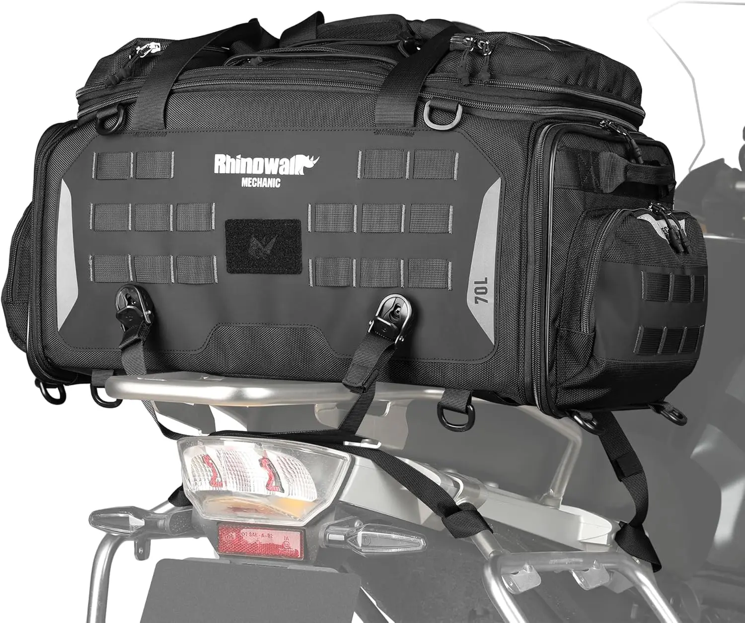 

Motorcycle Tail Bag Expandable 50-70L Travel Luggage Sport Saddle Bag Waterproof Helmet Bag with Rain Cover Backpack Molle Syste