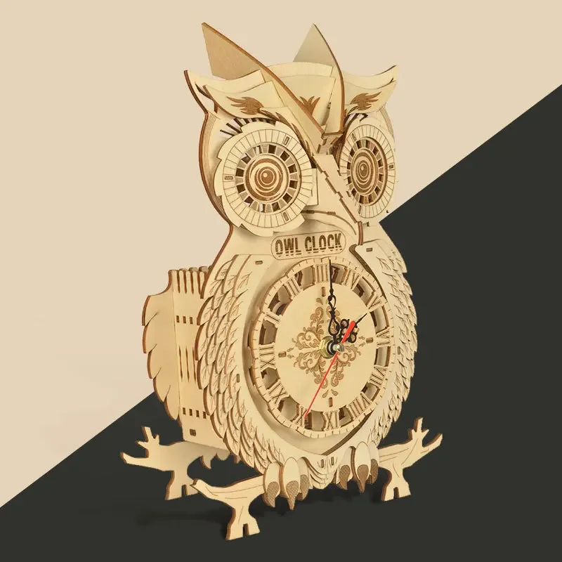 3D Wooden Puzzle Owl Clock Model Building Kits for Kids Adults Gifts Handmade DIY Assembly Toy