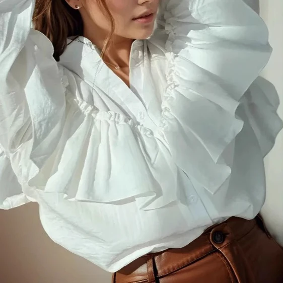 

Spring New Women's Clothing Street Fashion Laminated Decorative Ruffle Shirt Long Sleeve Top