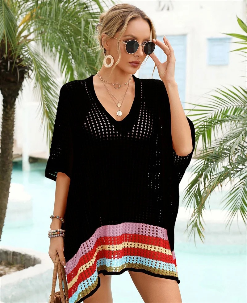 2024 New Beach Cover Ups for Swimwear Women Stripped Beachwear White Split Knit Pink Cover Up Summer Sun Dress on The Sea Cape