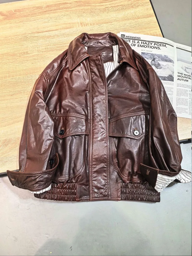 Damen Umlegekragen Ölwachs Schaffelljacke Lose Herbst Arbeitsmantel Winddicht Vintage Biker Reißverschluss Echtes Leder Damen