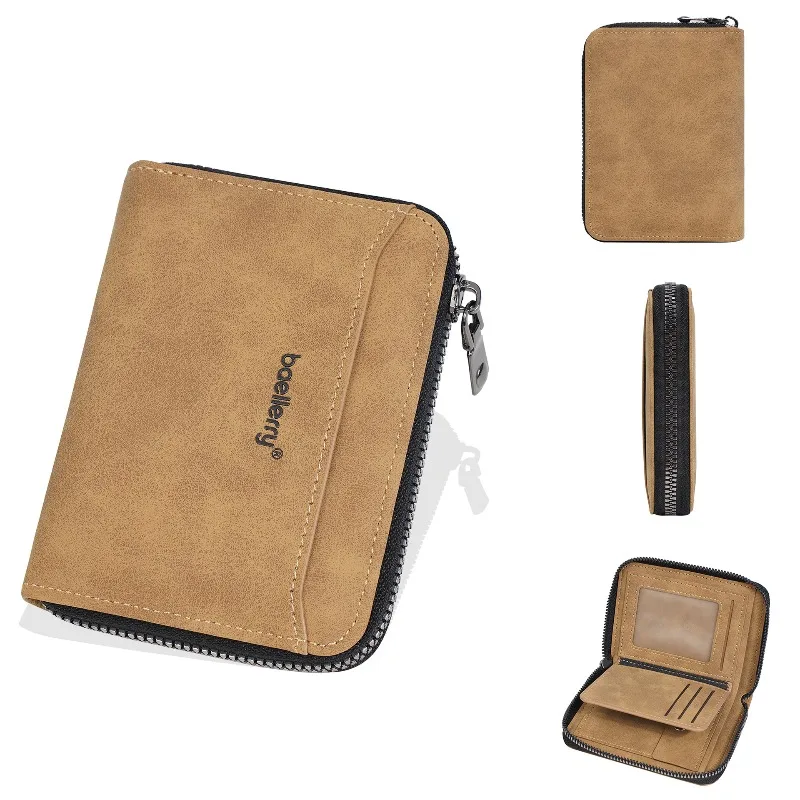 Baellerry Zipper Card Holder Thin Sanded Leather Multi-Card Wallet Simple Casual Fashion Luxury Bifold Men's Short Wallets