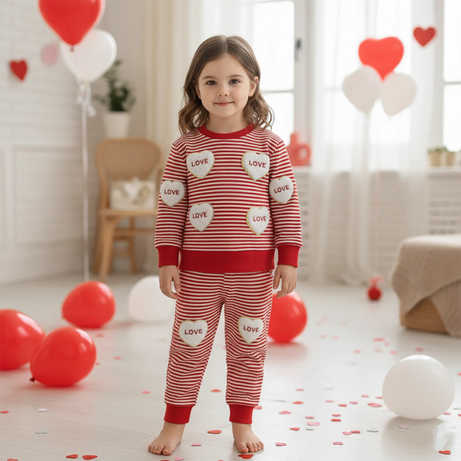 

Toddler Valentine's Day 2 Piece Outfits Heart Shaped Patches Long Sleeve Crew Neck Striped Tops and Elastic Waist Pants Set