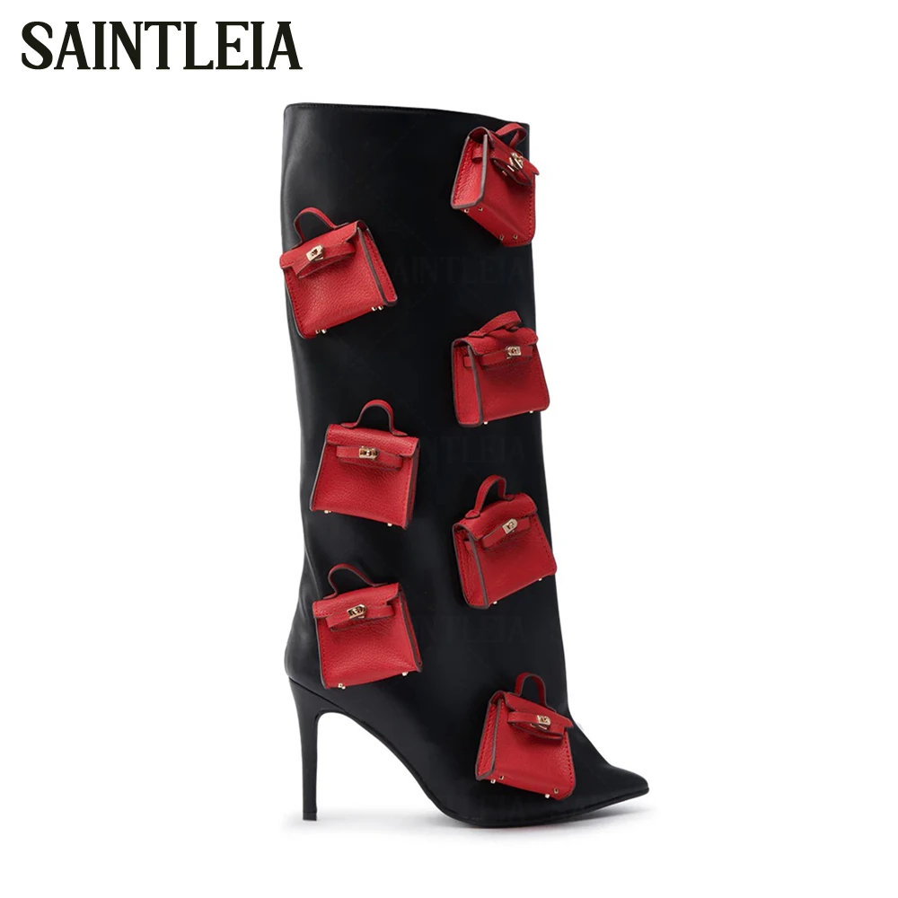 Red Purse Pendants Leather Knee Boots Sculptural Pointed Knee High Shaft Stiletto Boots Fashion Style Handmade Black Purse Boots