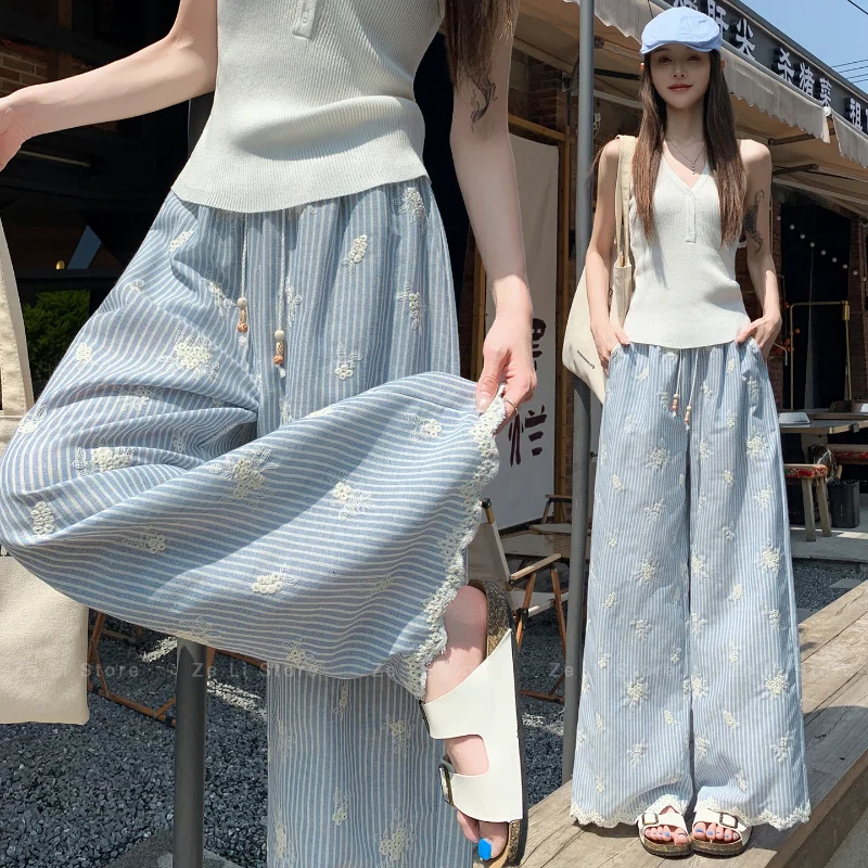 Blau gestreifte, bestickte Wide-Leg-Hose für Damen, sommerliches Design mit hoher Taille und Spitzenbesatz, lässige Straight-Leg-Hose