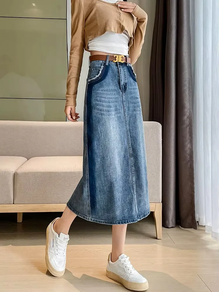 Women's Casual High Waist Denim Skirt Split back Trim Midi Jean Skirts Long stretch cozy chic trendy Fashion Cut out 2024