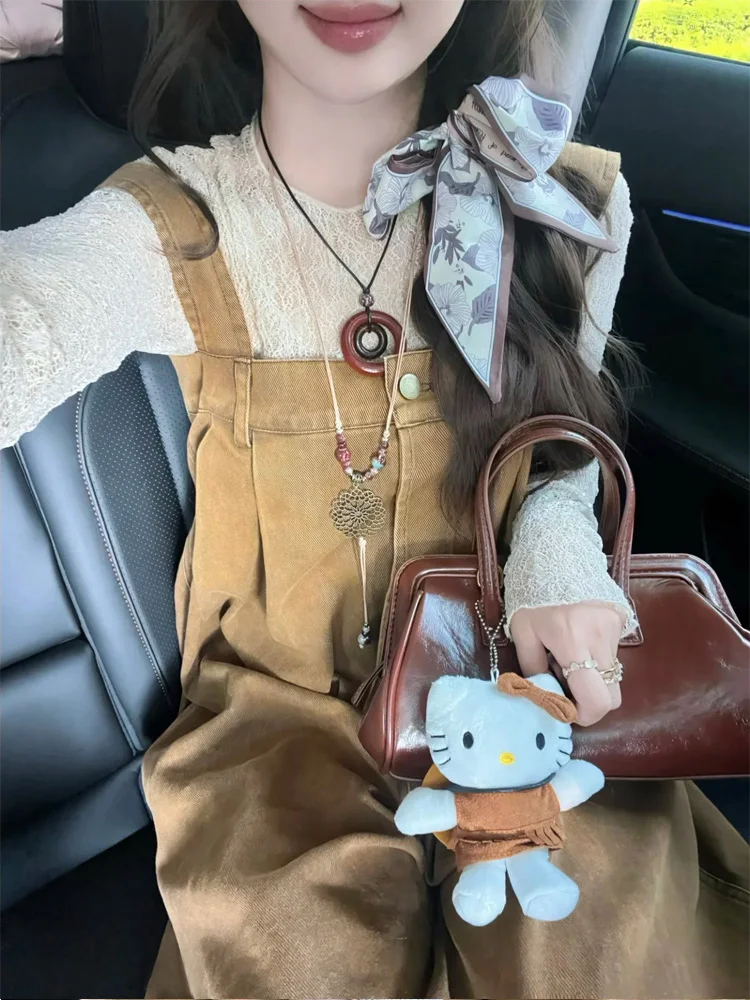 

Корейские джинсовые комбинезоны в стиле ретро, женские свободные повседневные широкие комбинезоны, весенние универсальные повседневные джинсы с высокой талией для ленивых