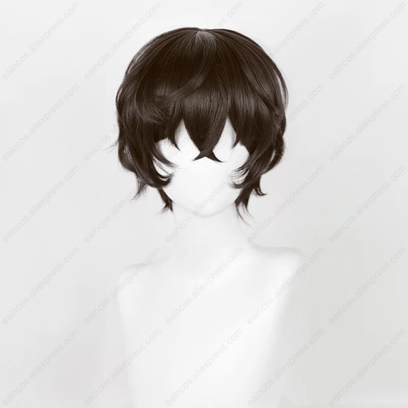 Anime Dazai Osamu Cosplay Perruque avec Bonnet, Cheveux Courts Bruns Foncés, Perruques Synthétiques, Degré de Chaleur, 30cm