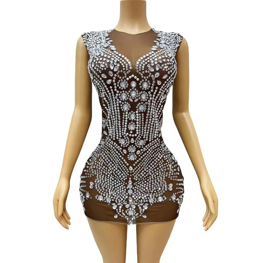 

Sexy Stage Brown Mesh Silver Crystals Mini Dress Evening Party Celebrate Club Outfit Transparent Rhinestones Photoshoot Dress