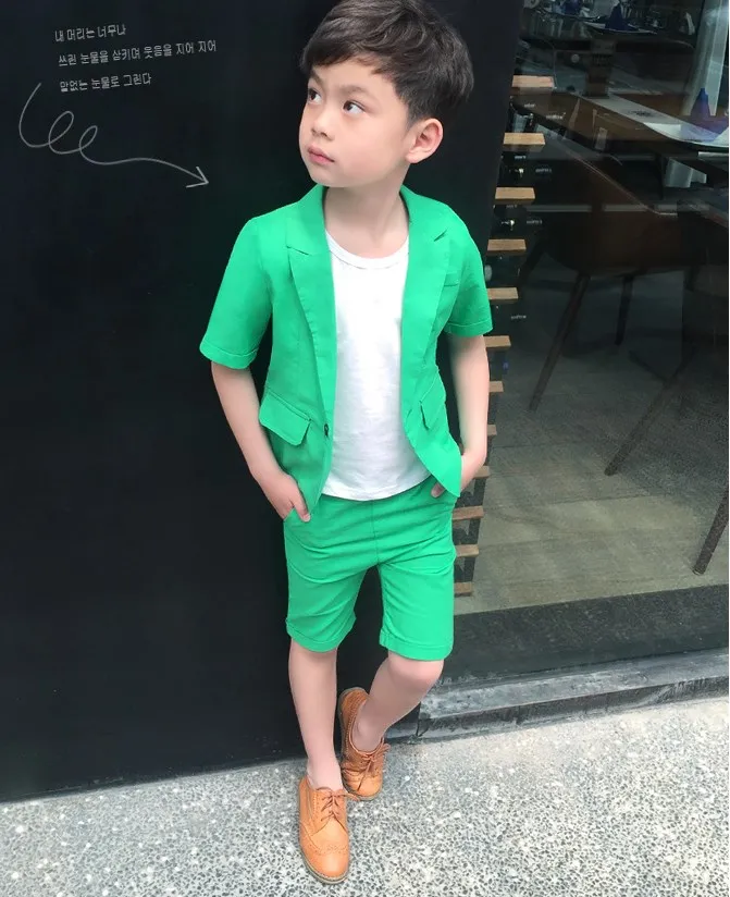 2022 Boys Summer Cool Suit Baby Kids Blazer Jacket+Short 2Pcs Photograph Set Children Wedding Performance Dress Ceremony Costume